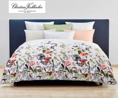 Christian Fischbacher INTERLACE dekbedovertrek satijn Dessin: wit satijn met kant dessin vogels, takjes, bloemen